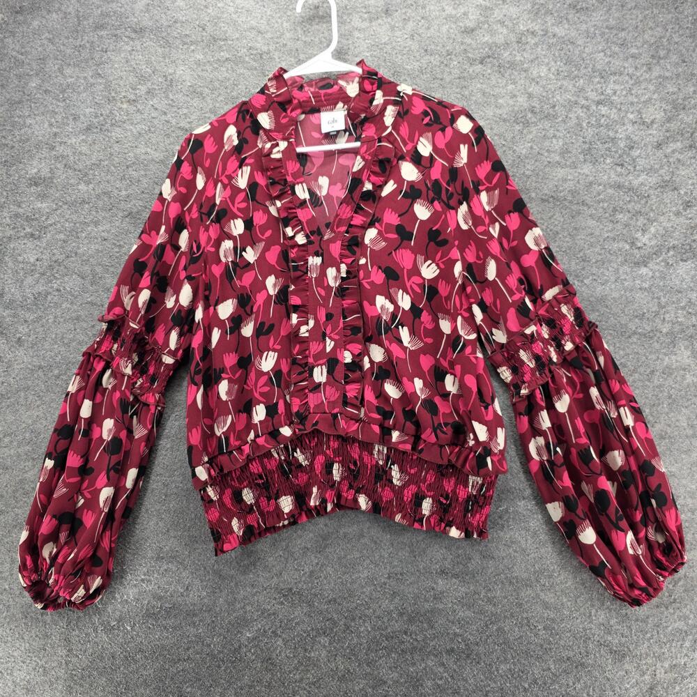 Cabi Blouse Womens Medium Burgundy Pink Black Floral Ruffle Long Sleeve Top 4157